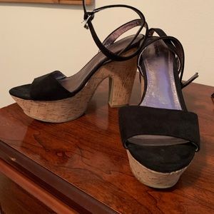 Express Cork and Suede Wrap Ankle Wedge/Heels